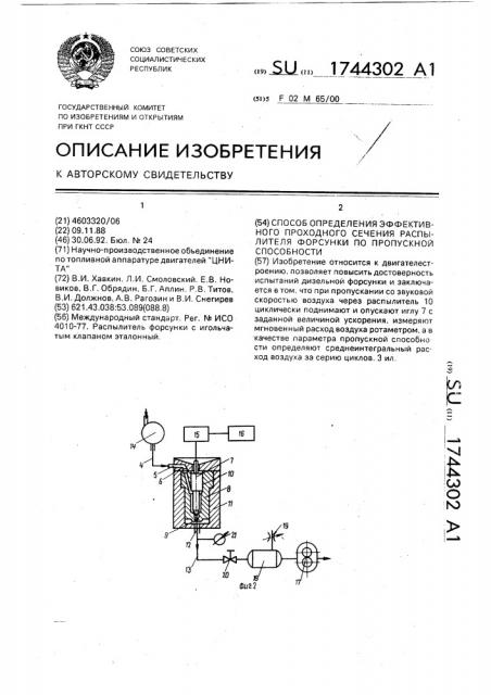 Способ определения эффективного проходного сечения распылителя форсунки по пропускной способности (патент 1744302)