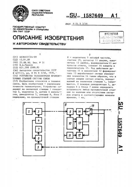 Устройство телеконтроля промежуточных станций системы связи (патент 1587649)