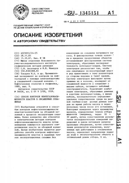 Способ контроля нефтегазонасыщенности пластов в обсаженных скважинах (патент 1345151)