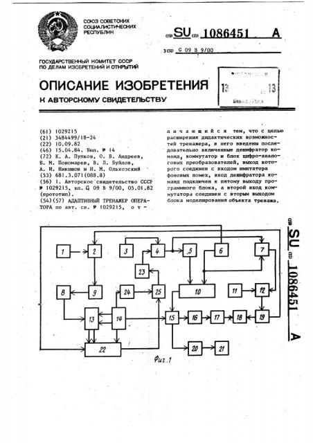 Адаптивный тренажер оператора (патент 1086451)