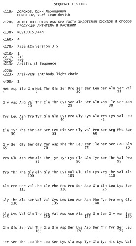 Антитело против фактора роста эндотелия сосудов и способ продукции антитела в растении (патент 2412251)