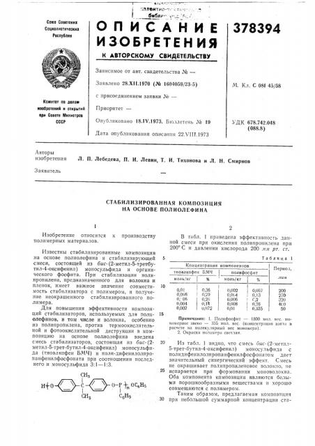 Стабилизированная композиция на основе полиолефина (патент 378394)