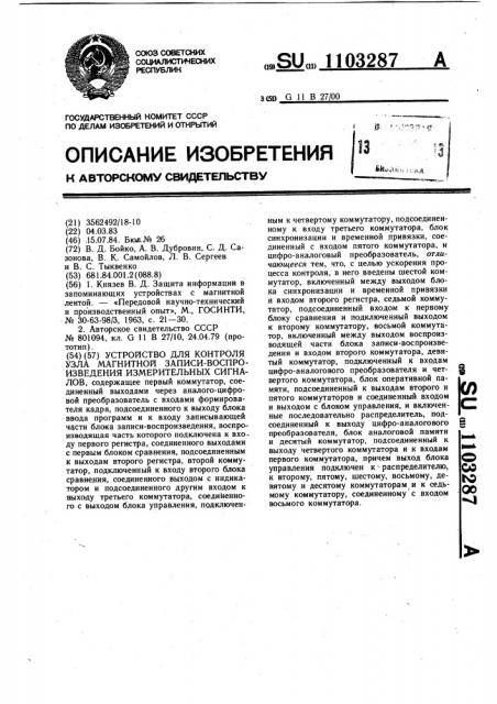 Устройство для контроля узла магнитной записи воспроизведения измерительных сигналов (патент 1103287)