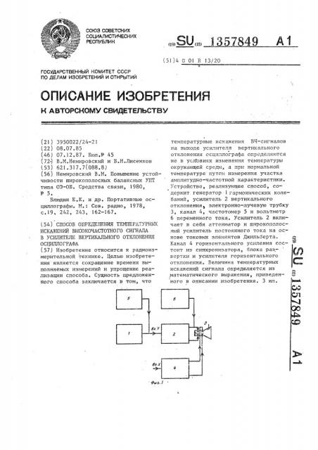 Способ определения температурных искажений высокочастотного сигнала в усилителе вертикального отклонения осциллографа (патент 1357849)