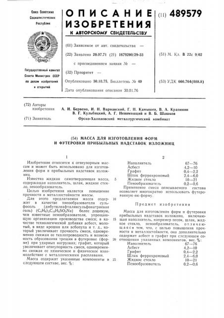 Масса для изготовления форм и футеровки прибыльных надставок изложниц (патент 489579)