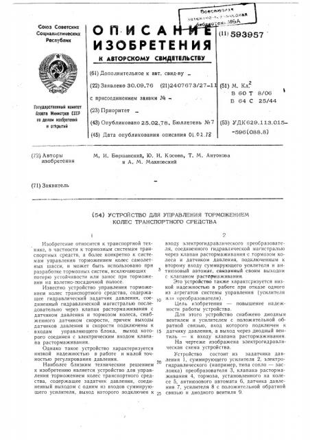 Устройство для управления торможением колес транспортного средства (патент 593957)