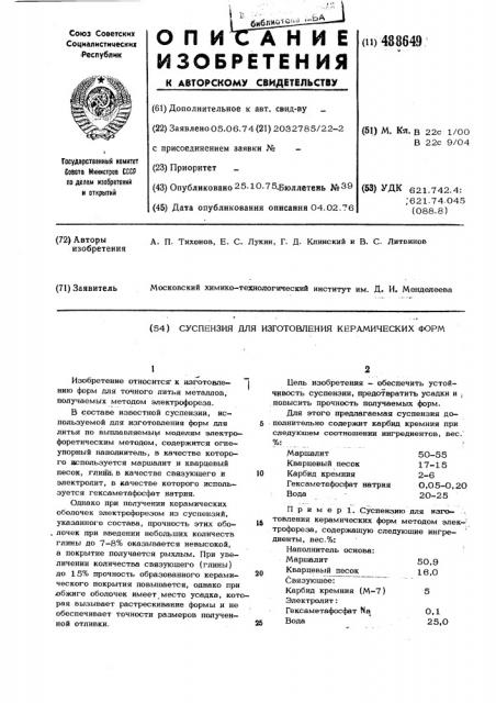 Суспензия для изготовления керамических форм (патент 488649)