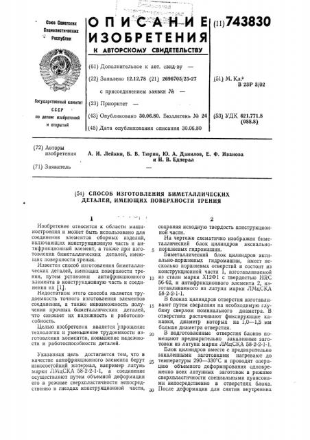 Способ изготовления биметаллических деталей,имеющих поверхности трения (патент 743830)
