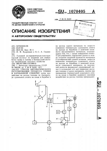 Способ автоматического регулирования процесса сушки в барабанной сушилке (патент 1070405)