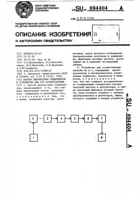 Способ диагностики подшипников и устройство для его осуществления (патент 894404)