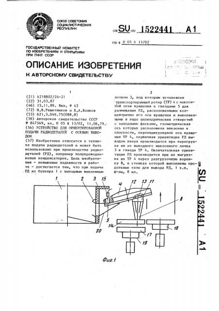 Устройство для ориентированной подачи радиодеталей с осевым выводом (патент 1522441)