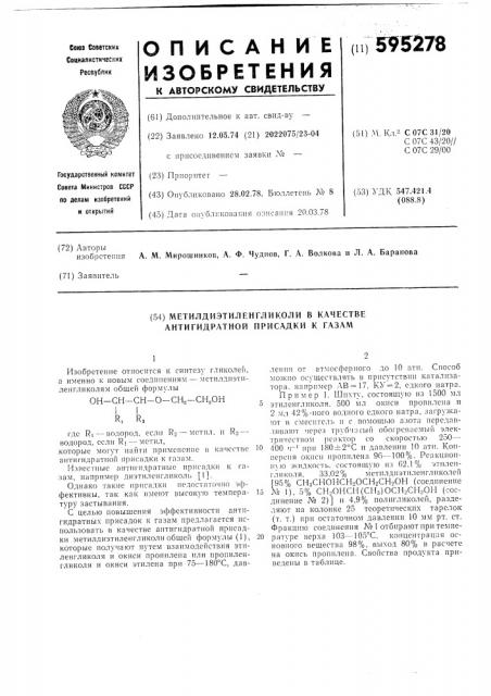 Метилдиэтиленгликоли в качестве антигидратной присадки к газам (патент 595278)