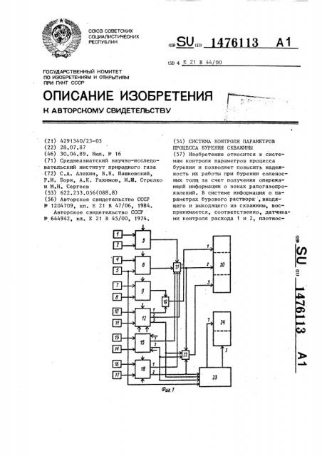 Система контроля параметров процесса бурения скважины (патент 1476113)