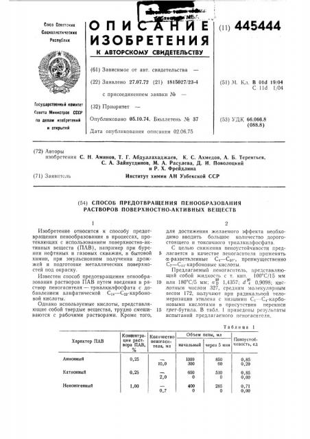 Способ предотвращения пенообразования растворов поверхностно-активных веществ (патент 445444)