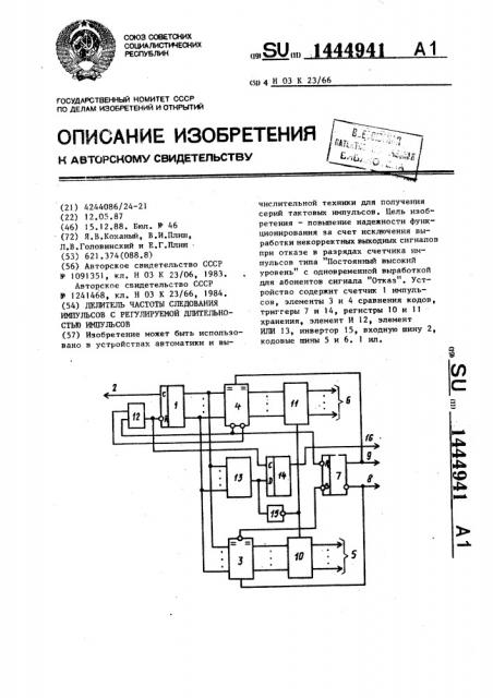 Делитель частоты следования импульсов с регулируемой длительностью импульсов (патент 1444941)