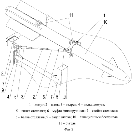 Устройство удержания авиационных боеприпасов за выступающие элементы подвески авиационных боеприпасов на стеллаже (патент 2567969)