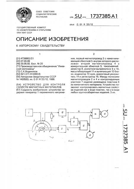 Устройство для контроля свойств магнитных материалов (патент 1737385)