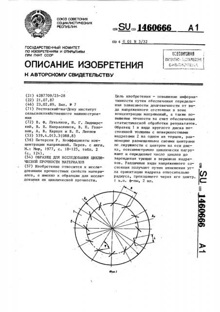 Образец для исследования циклической прочности материалов (патент 1460666)