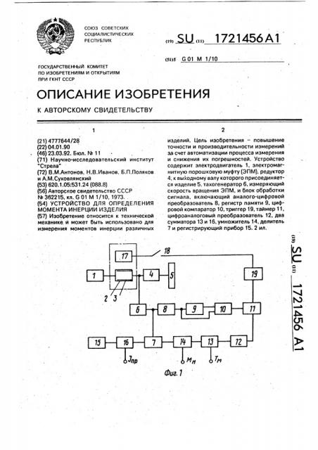 Устройство для определения момента инерции изделия (патент 1721456)