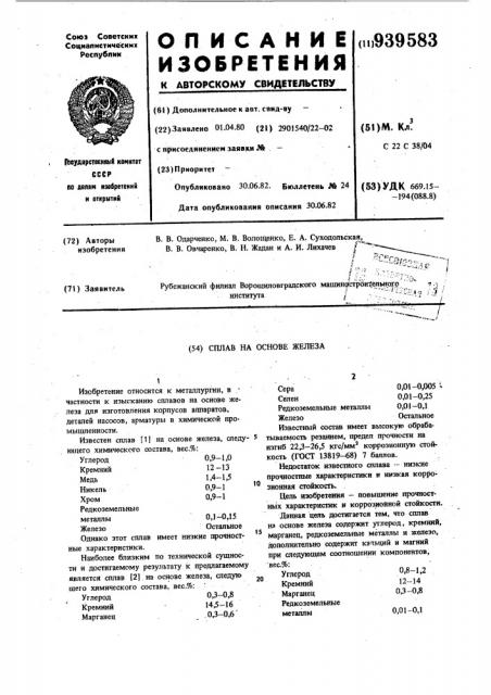 Сплав на основе железа (патент 939583)