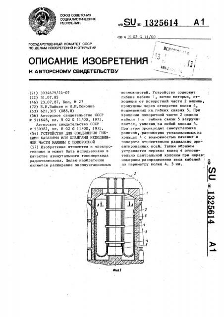 Устройство для соединения гибкими кабелями или шлангами неподвижной части машины с поворотной (патент 1325614)