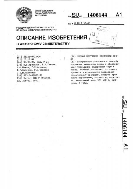 Способ получения нефтяного кокса (патент 1406144)