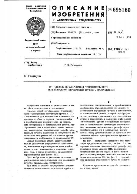 Способ регулирования чувствительности телевизионной передающей трубки с накоплением (патент 698160)