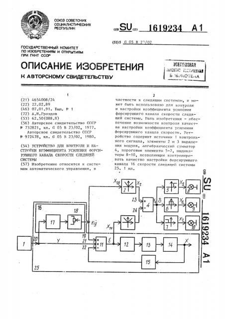 Устройство для контроля и настройки коэффициента усиления форсирующего канала скорости следящей системы (патент 1619234)