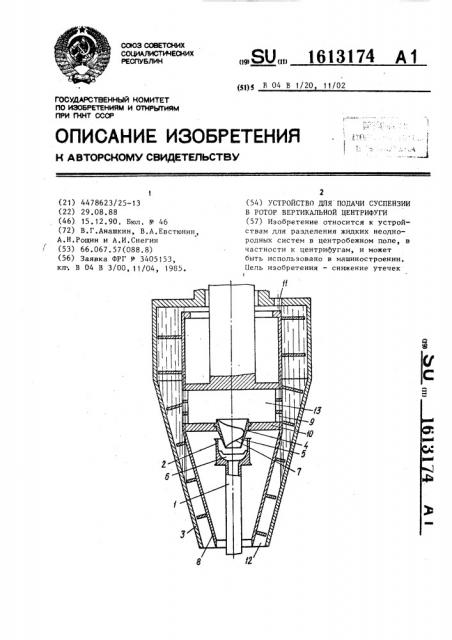 Устройство для подачи суспензии в ротор вертикальной центрифуги (патент 1613174)