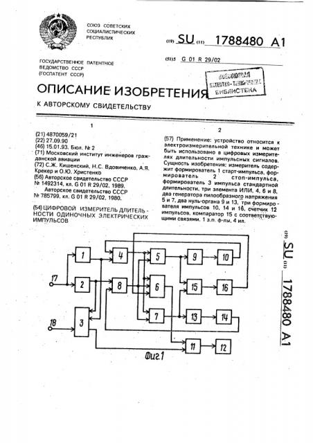 Цифровой измеритель длительности одиночных электрических импульсов (патент 1788480)