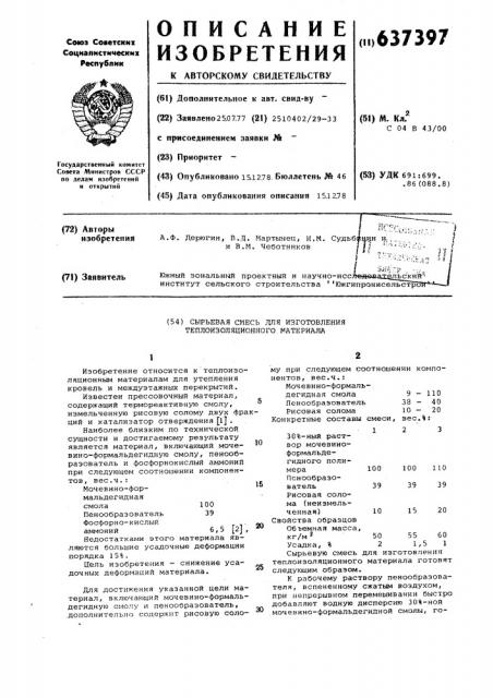 Сырьевая смесь для изготовления теплоизоляционного материала (патент 637397)