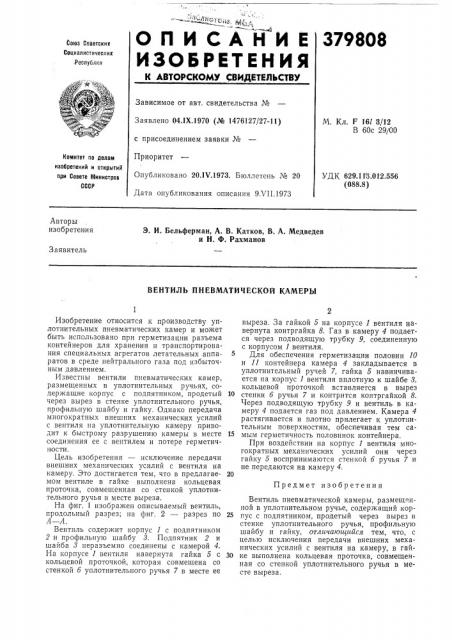 Вентиль пневматической камеры (патент 379808)
