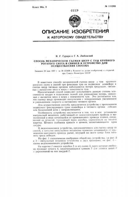 Способ механической съемки шкур с туш крупного рогатого скота и свиней и устройство для осуществления способа (патент 111203)