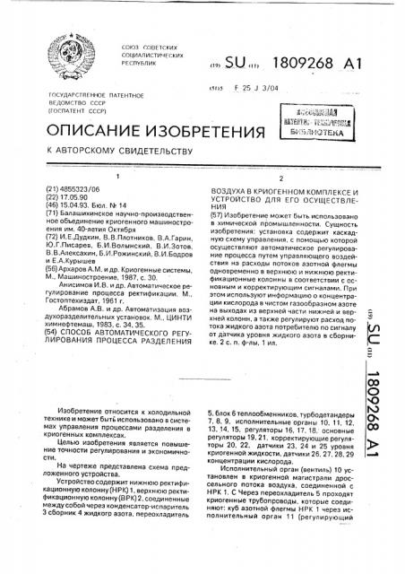 Способ автоматического регулирования процесса разделения воздуха в криогенном комплексе и устройство для его осуществления (патент 1809268)