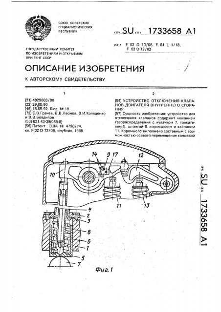 Устройство отключения клапанов двигателя внутреннего сгорания (патент 1733658)