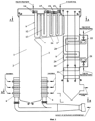 Паровой котел с секционированным пароперегревателем острого пара и автоматическая система газового регулирования равномерности нагрева пара в секциях такого пароперегревателя (патент 2376524)