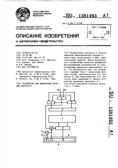 Устройство для вычисления функции аrстg @ (патент 1381493)