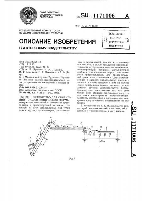 Устройство для ориентации плодов конической формы (патент 1171006)