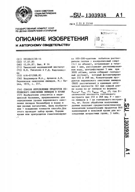 Способ определения продуктов перекисного окисления липидов в крови (патент 1303938)