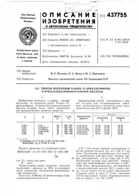 Способ получения о-арил, о-арилазоэфиров -арил(алкил) иминоугольной кислоты (патент 437755)