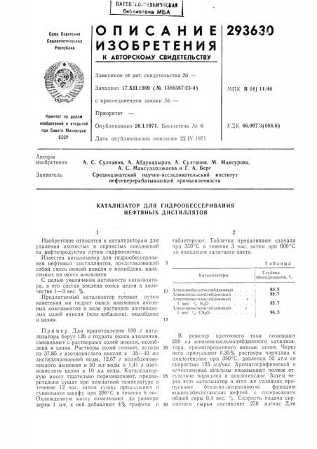 Катализатор для гидрообессеривания нефтяных дистиллятов (патент 293630)