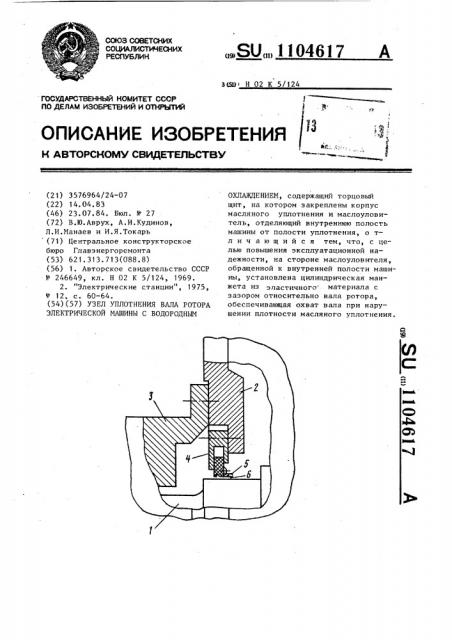 Узел уплотнения вала ротора электрической машины с водородным охлаждением (патент 1104617)