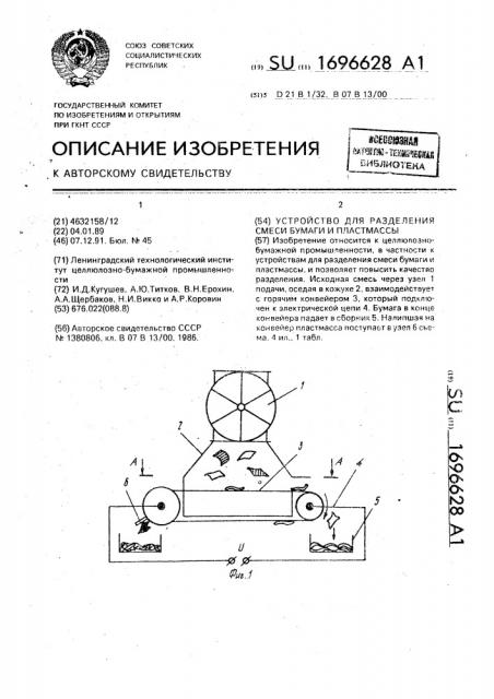 Устройство для разделения смеси бумаги и пластмассы (патент 1696628)