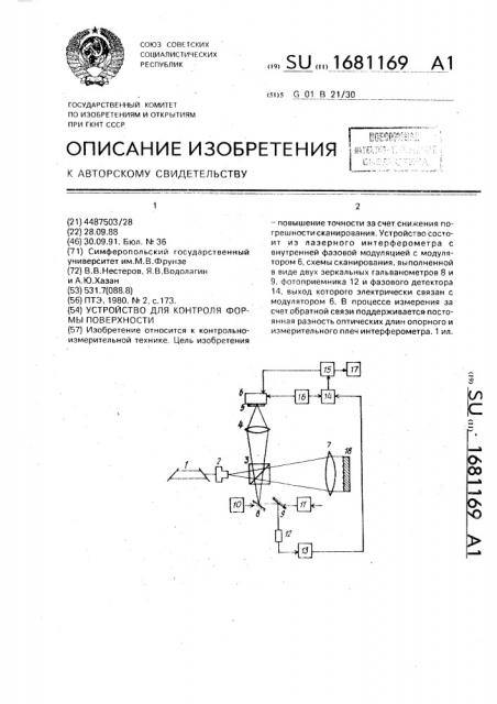 Устройство для контроля формы поверхности (патент 1681169)