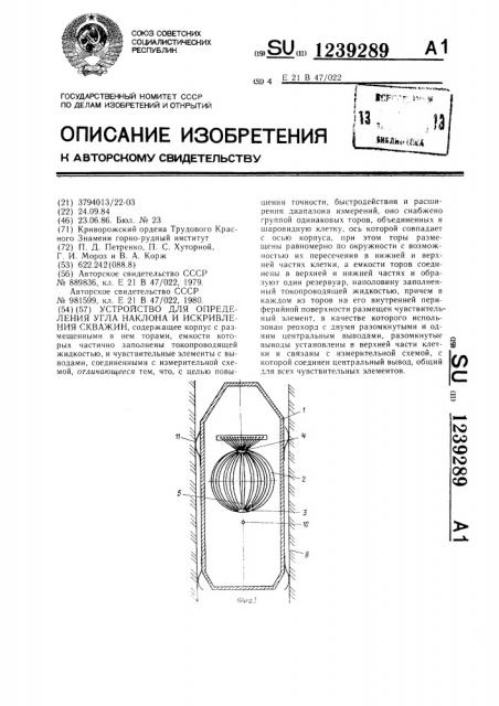 Устройство для определения угла наклона и искривления скважин (патент 1239289)
