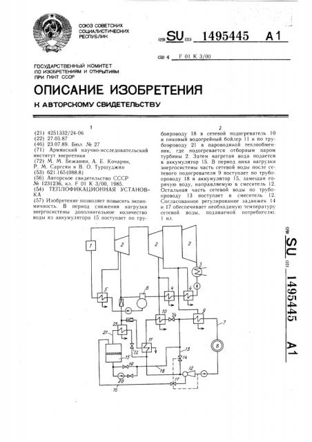 Теплофикационная установка (патент 1495445)