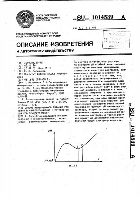 Способ минерального питания растений и микроорганизмов и устройство для его осуществления (патент 1014539)
