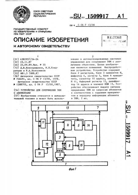 Устройство для сопряжения эвм с абонентами (патент 1509917)