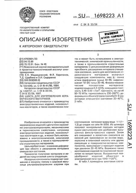 Шихта для изготовления керамического материала (патент 1698223)
