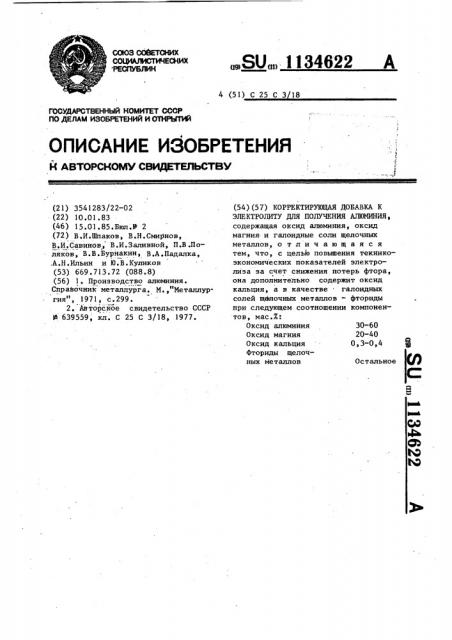 Корректирующая добавка к электролиту для получения алюминия (патент 1134622)